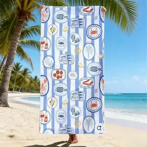 Blue Striped Seafood Party Quick-Dry Microfiber Beach Towel, Lightweight Beach Towel for Travel Camping Summer Vacation Essentials