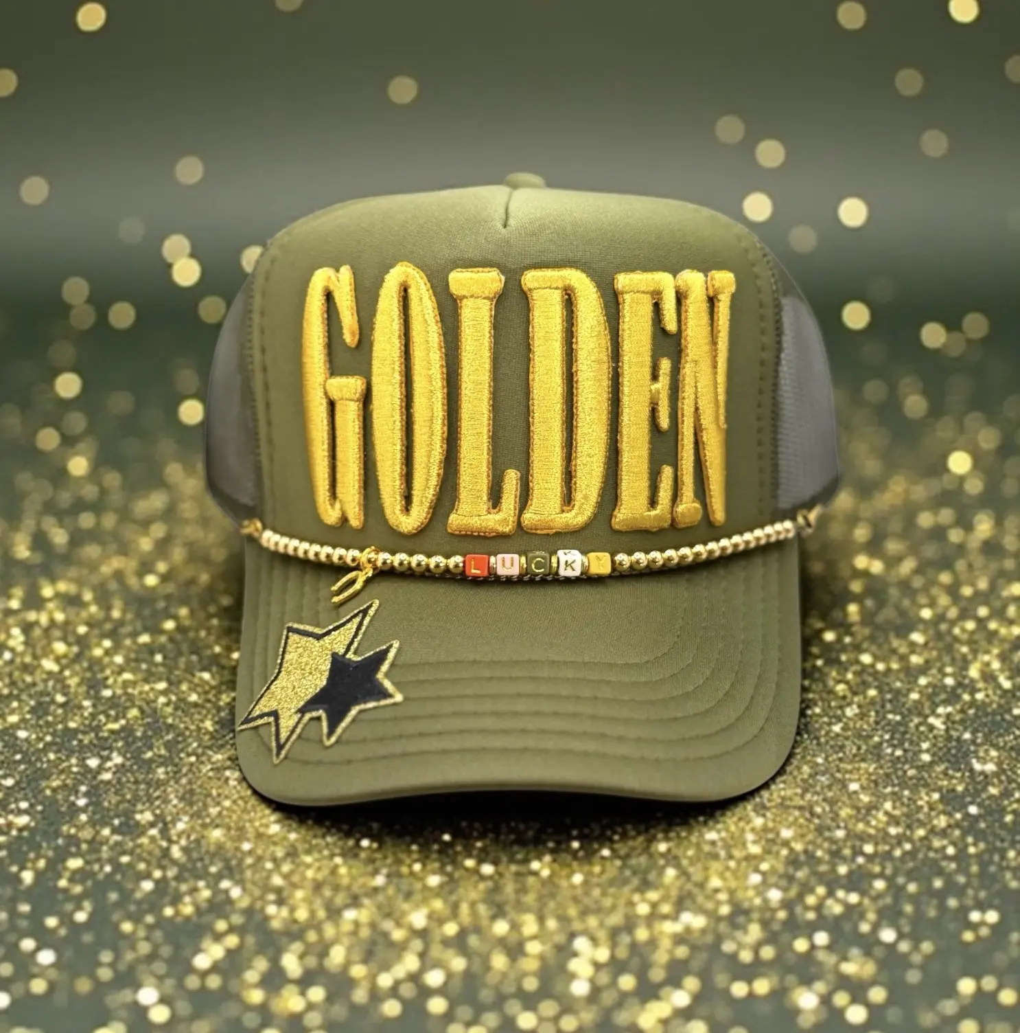 "GOLDEN" Puff Embroidered Trucker Hat With Hat Chain