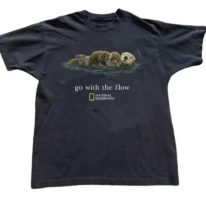 "Go With The Flow" Otter Graphic T-Shirt, Unisex Vintage Style Short Sleeve Streetwear Top, Casual Round Neck Cotton Tee for Animal Lovers, Tops, Shortsleeve, Women's Clothes, Clothes For Women, Trending Clothes