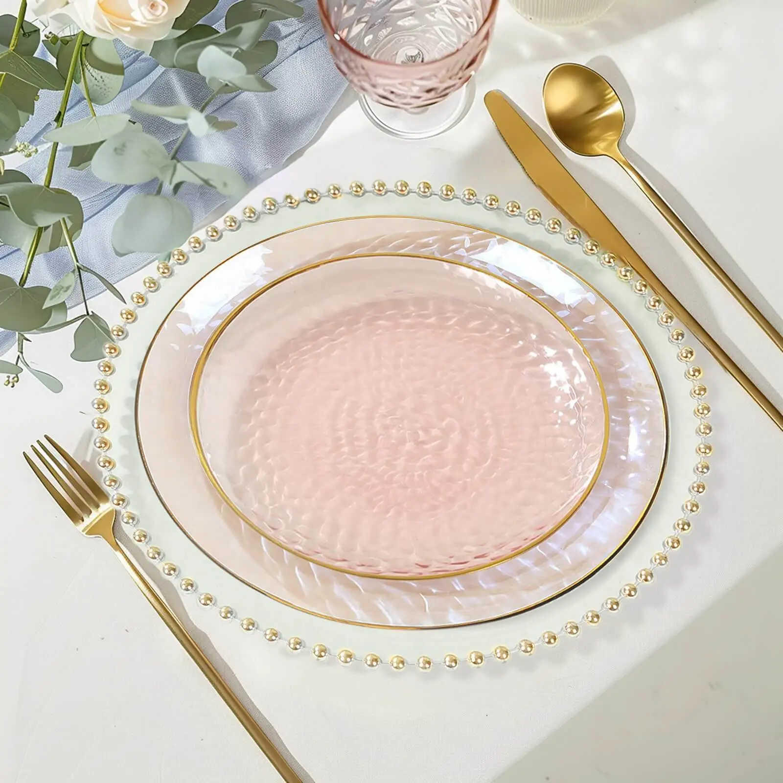 Disposable Transparent Plastic Blush Hammered Plates - 10-Pack 7in Gold Rim Modern Round Dessert Plates for Birthday, Wedding Disposable Tableware, Disposable Plates