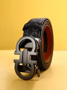 Men's Automatic Buckle Leather Belt, Deep Color Floral Design, Luxury Unique Buckle, Business & Casual Wear, All Seasons
