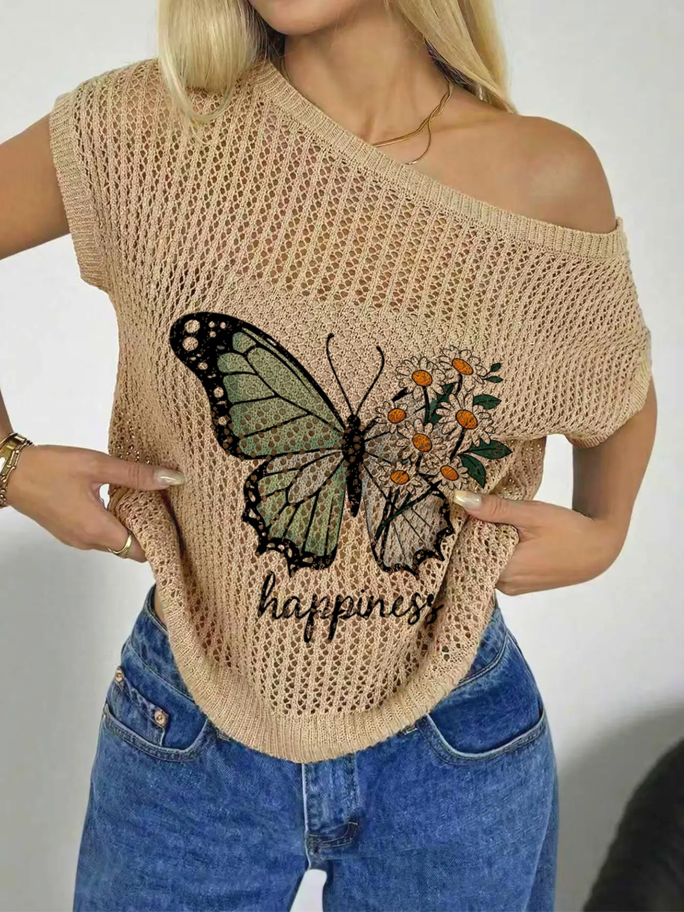 Women's Spring/Summer Asymmetric One-Shoulder Loose Short Sleeve Semi-Transparent Knit Top, Boho Fashion Top, Butterfly Print Design, Casual Beachwear, Womenswear