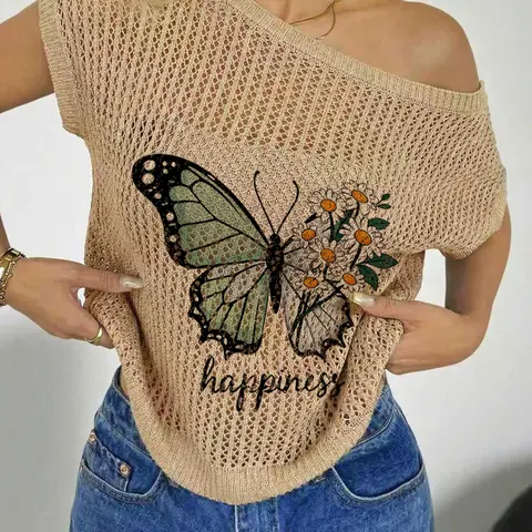 Women's Spring/Summer Asymmetric One-Shoulder Loose Short Sleeve Semi-Transparent Knit Top, Boho Tops, Butterfly Print Design, Casual Beachwear, Womenswear