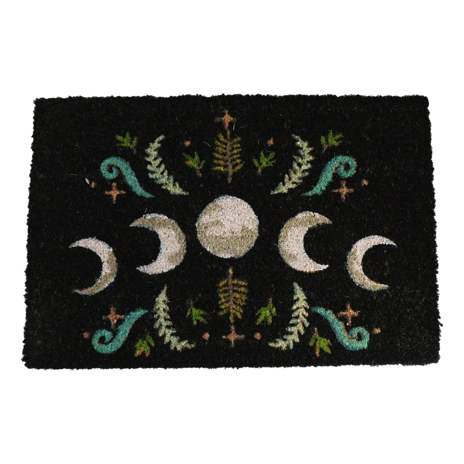 Dark Forest Moon Phase Wiccan Black Coir Coconut Fiber Non-Slip Doormat - 0.75" Thick, 16" Wide, 24" Long, Moisture-Absorbing, Dirt-Trapping, Indoor Home & Garden Decor Floor Mat