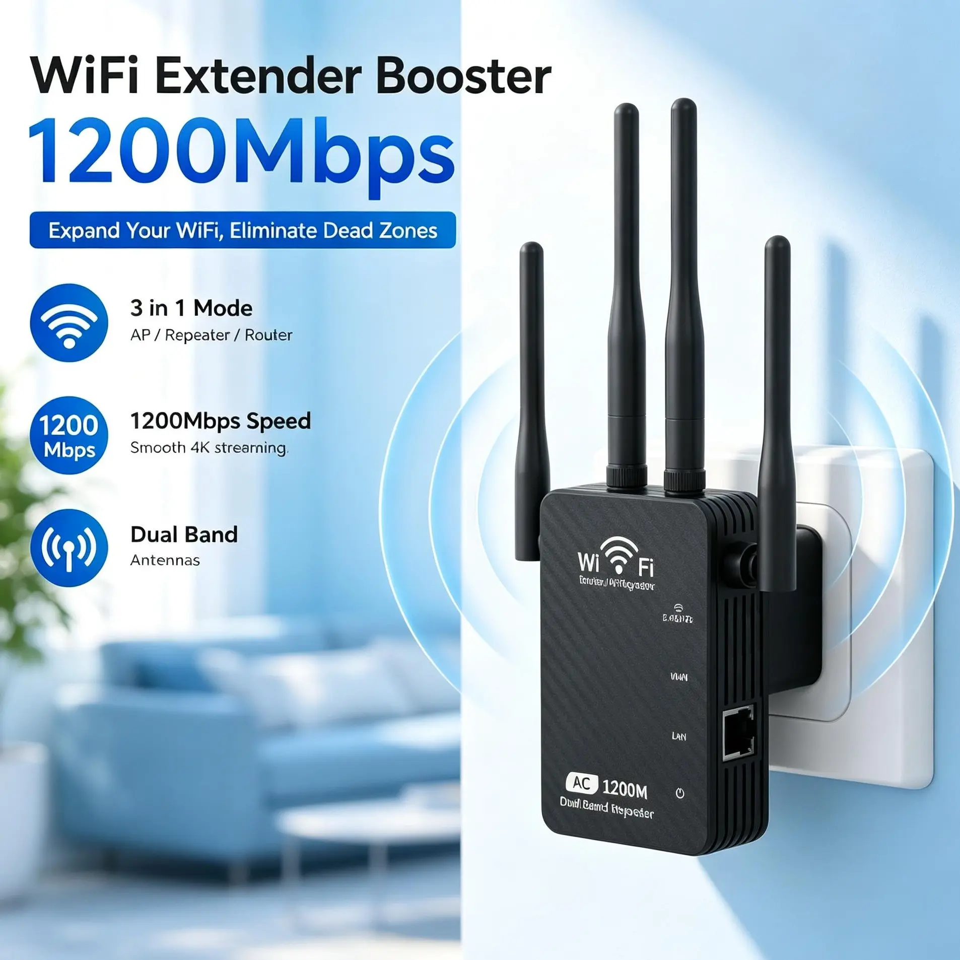 1200Mbps Dual Band 2.4GHz/5GHz WiFi Extender Booster with 3 Modes, 4 Antennas, WAN/LAN Port, WiFi Repeater for Home Wireless Internet Signal Enhancement