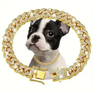 Shiny Dog Collar with Large Cuban Chain Necklace, Unique Full Rhinestone Decoration, Durable Zinc Alloy, Fits Small to Large Dogs & Cats