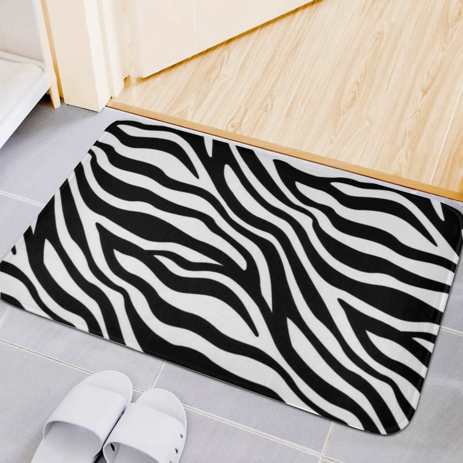 16×24 Inch Zebra Print Flannel Door Mat, 40×60cm Soft Absorbent Non-Slip Floor Rug, Black White Stripe Zebra Pattern Entryway Bathroom Doormat