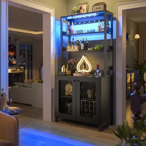 67" Tall Modern Wine Bar Cabinet with RGB LED Lights & Charging Station, Home Buffet Sideboard Cabinet Kitchen Pantry Cabinet with Hutch＆Glass Holder