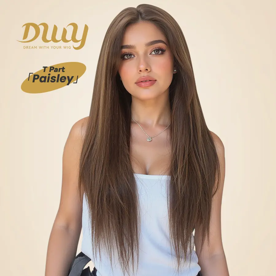 [CLEARANCE SALE] Paisley -DWY Lace Front Middle Part Long-Length Straight Tea Brown Glueless Synthetic Christmas wigs for women 26 Inches