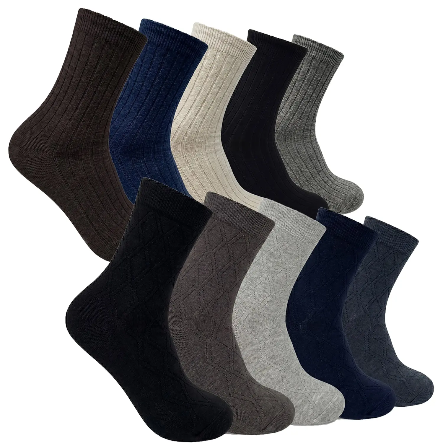 10 Pairs Men Premium Knit Mid Calf Crew Formal Dress Socks Multi Colors with Cashmere Blend Size 10-13