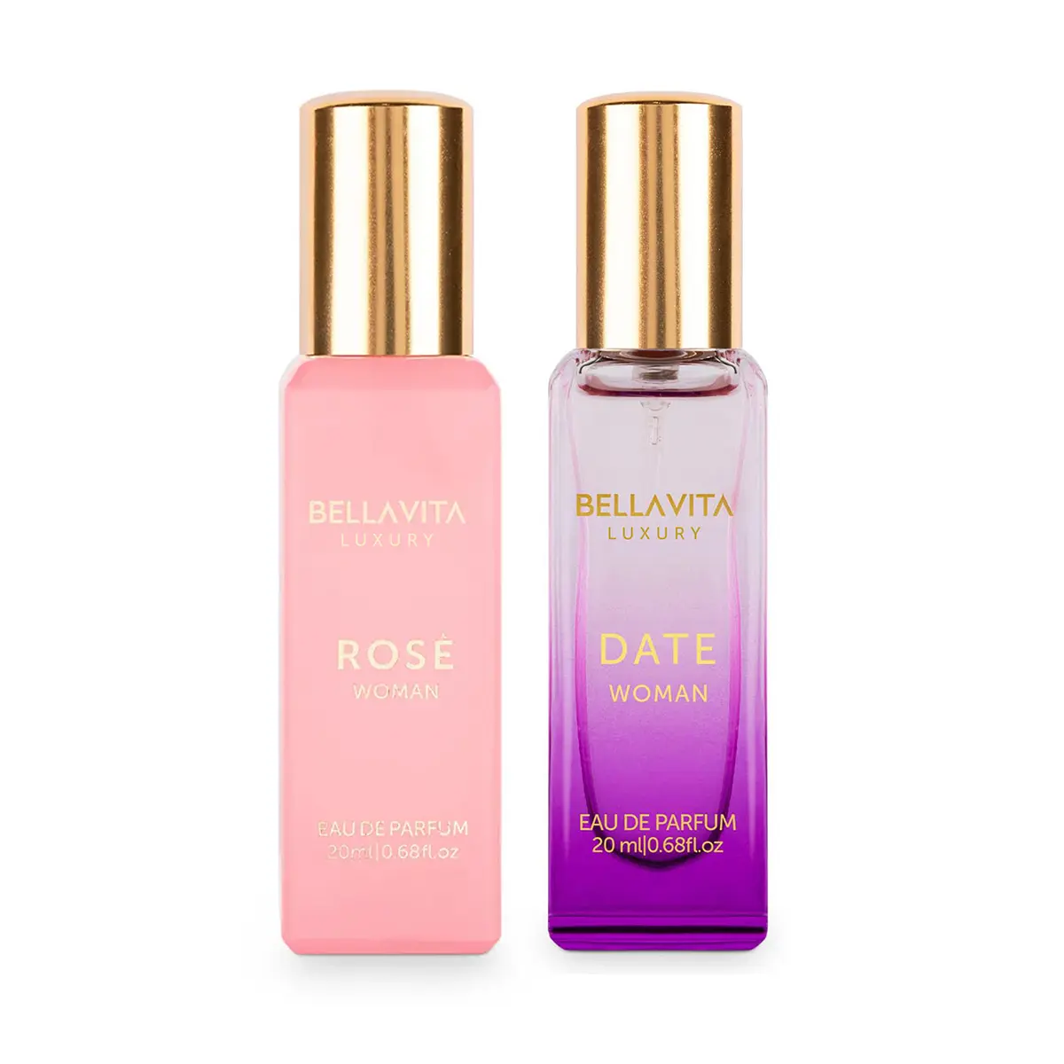 BellaVita Luxury Women’s Perfume Combo | Rose – Jasmine, Peach & Amber | Date – Pink Pepper, Red Fruit & Jasmine | 20ml Mini Eau De Parfum (EDP) Each | Floral, Fruity & Spicy | Long Lasting, Portable, Vegan & Cruelty Free Perfume Set