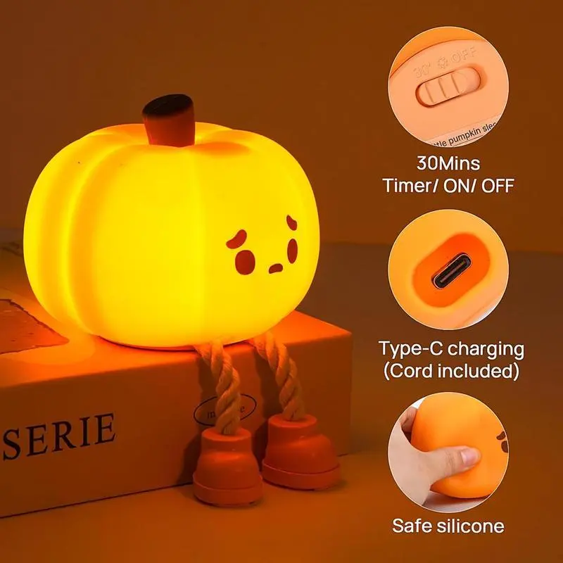 Suggestion Pumpkin Night Light Cute LED Lamp Silicone Dimmable Nursery Nightlight for Kids Rechargeable Bedside Touch Lamp with 30Mins Timer Type C Charging Cord Included Safe Silicone
