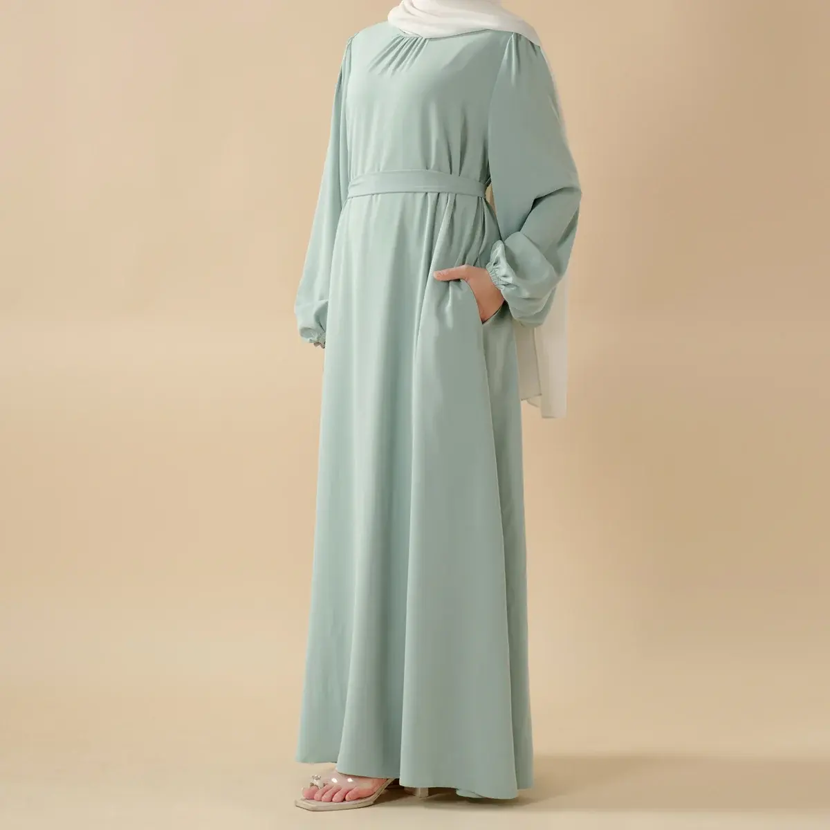 Women's 2-Piece Opaque Pleated Nida Modesty Abaya Set, Candy Colors, Elegant Balloon Sleeves, Matching Belt, Breathable Hijabi Fashion Modest Muslim Outfits, Detachable Belt, Cinch Or Loose Fit, Full-Length Modest Coverage, 2-Piece Set, Casual, Lightweigh