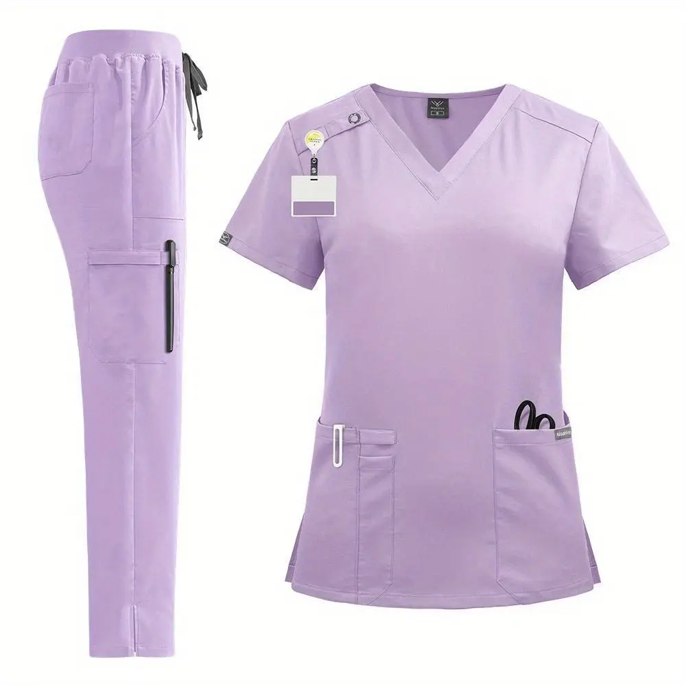 Spa Uniform Women Scrubs Suit Short Sleeved V-neck Nursing Set Multicolor Pet Grooming Workwear