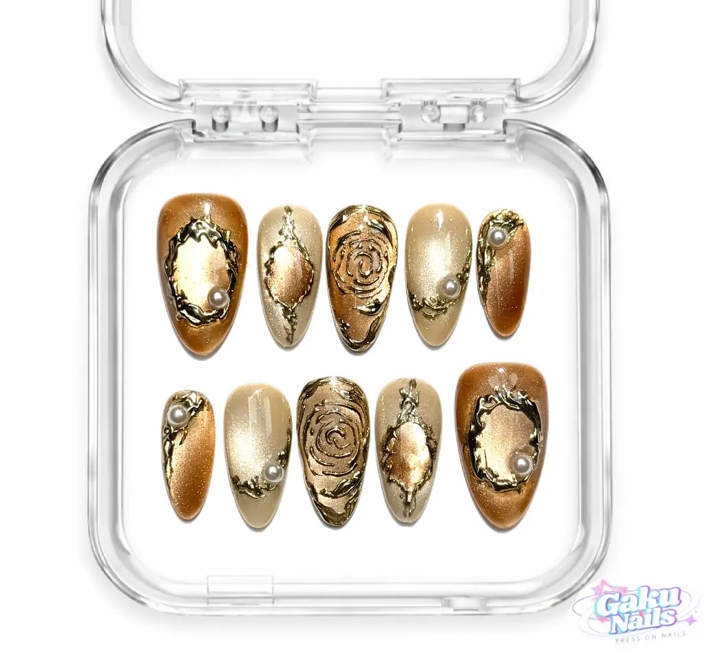 GakuNails CHAMPAGNE OPULENCE 10 PCS Medium Almond Handmade Press On Nails Builder Gel Gold Lining Champagne Gold Cateye Elegant Royal selectable size Reusable