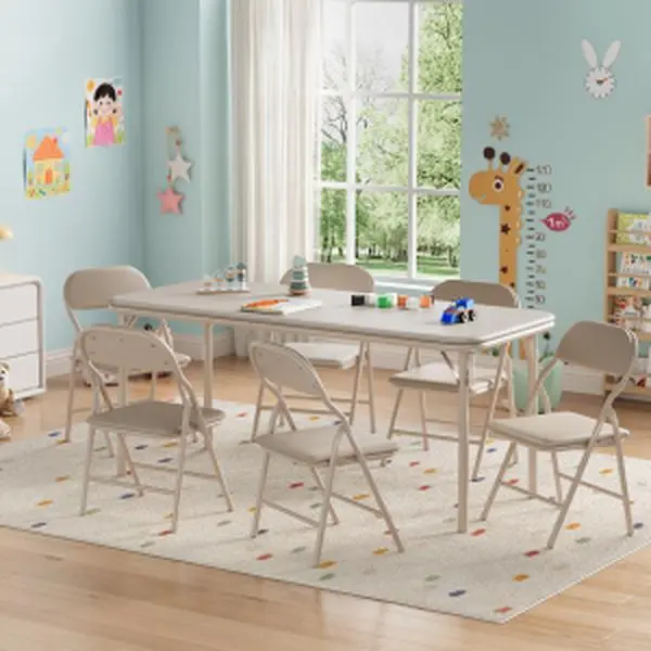 Kids' 7-Piece Foldable Table and 6-Seat Chairs Set with Metal Frame, Pre-Assembled Multi-Use Children's Furniture, Round Edges, Rustproof Design, Easy Storage for Dining Room, Daycare, Six Seats