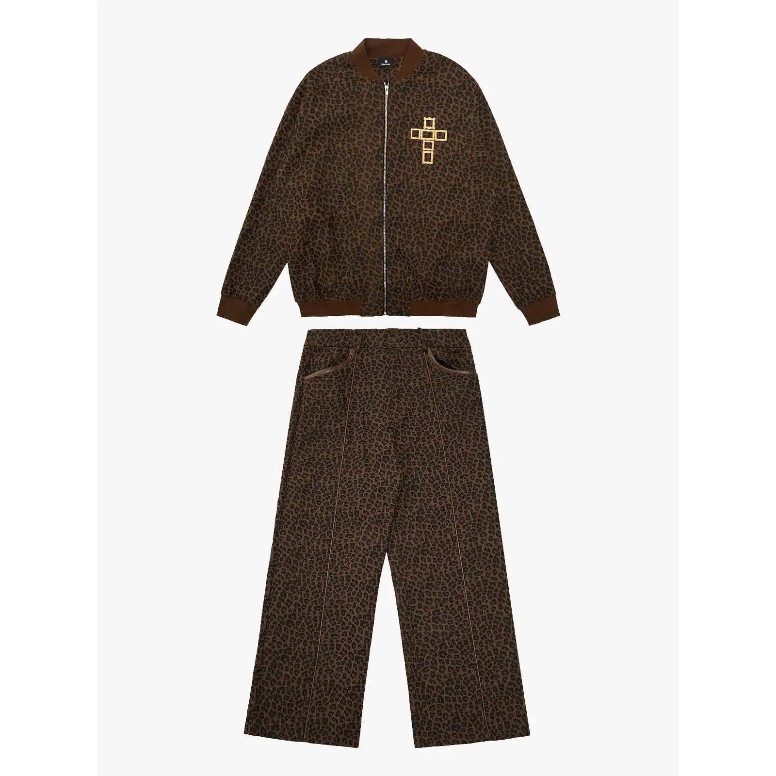 Supermade Men's Leopard Print Streetwear Tracksuit, a Casual Set with a Cross Emblem, Collar Lettering, and Chain Detail, Everyday, Bold Letters, Clothes