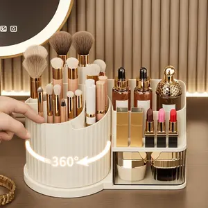 Plastic Luxury Makeup Brush Holder, Rotating Cosmetic Organizer, Desktop Storage Box for Skincare Products, Elegant Design, Durable Material