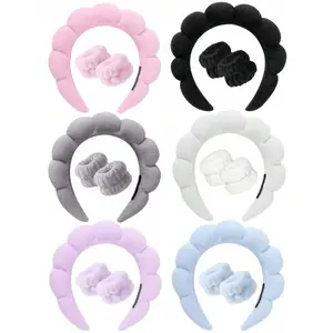 3-piece set: spa headband, makeup headband, face-washing headband, skincare headband, pink silk flannel plush sponge headband, bow style, bubble style, spa headband, wristband, hair accessory set for ladies and girls