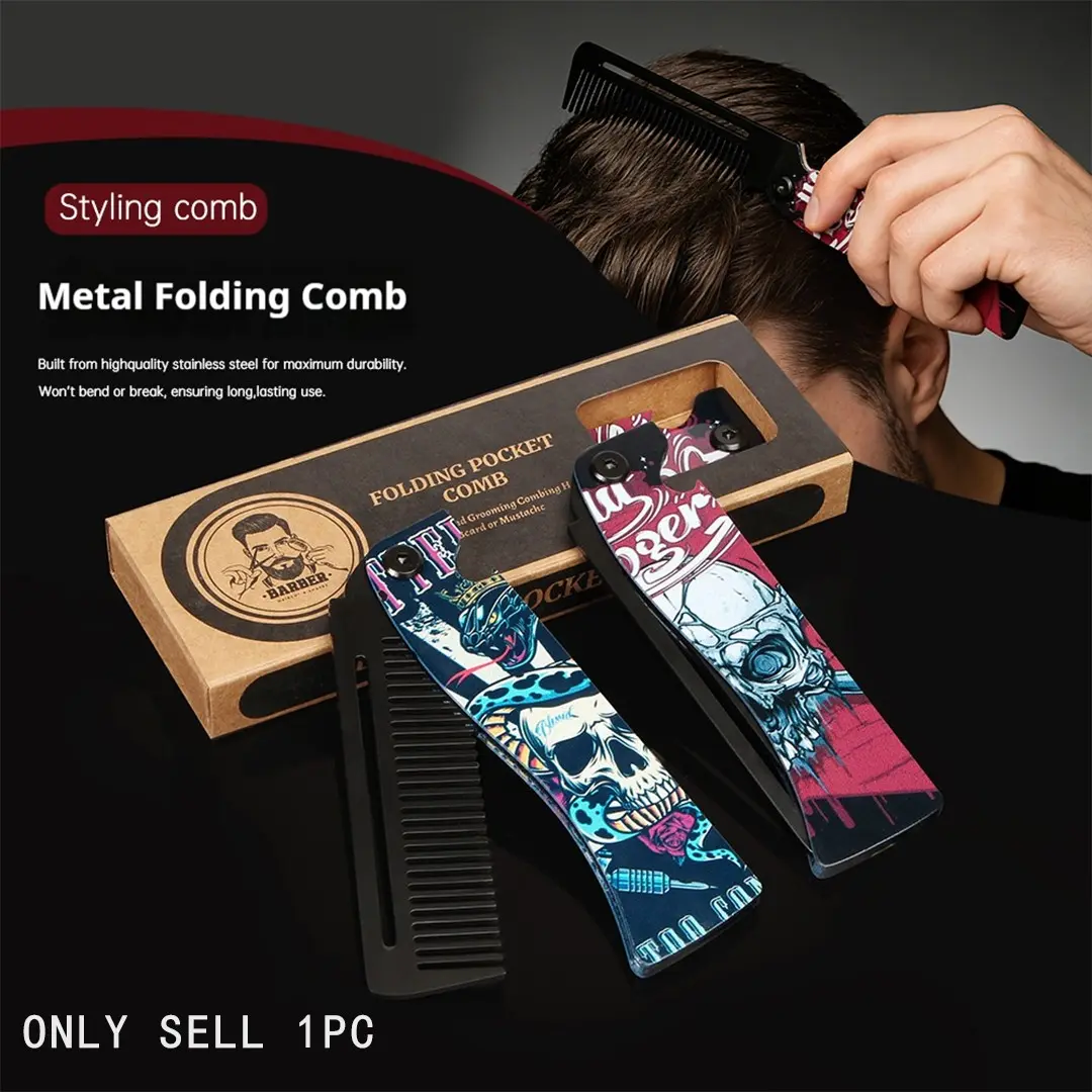 Men's Metal Folding Pocket Beard & Mustache Comb, EDC Knife Comb with Bottle Opener for Outdool Travel - Anti-Static for Hair Styling Pompadour, Slicked-back, Fauxhawk, Undercut Hair Styling Tools