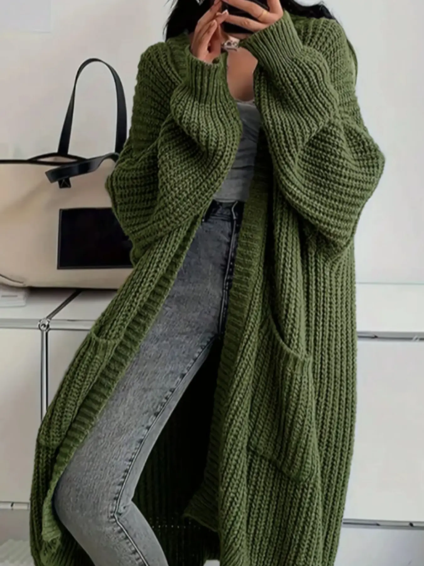 Elegant Long over Knee Sweater Cardigan for Women, Fall Winter New Casual Loose Thick Knit Coat, Trendy Fashion Outerwear, Knitted Cardigan Tops