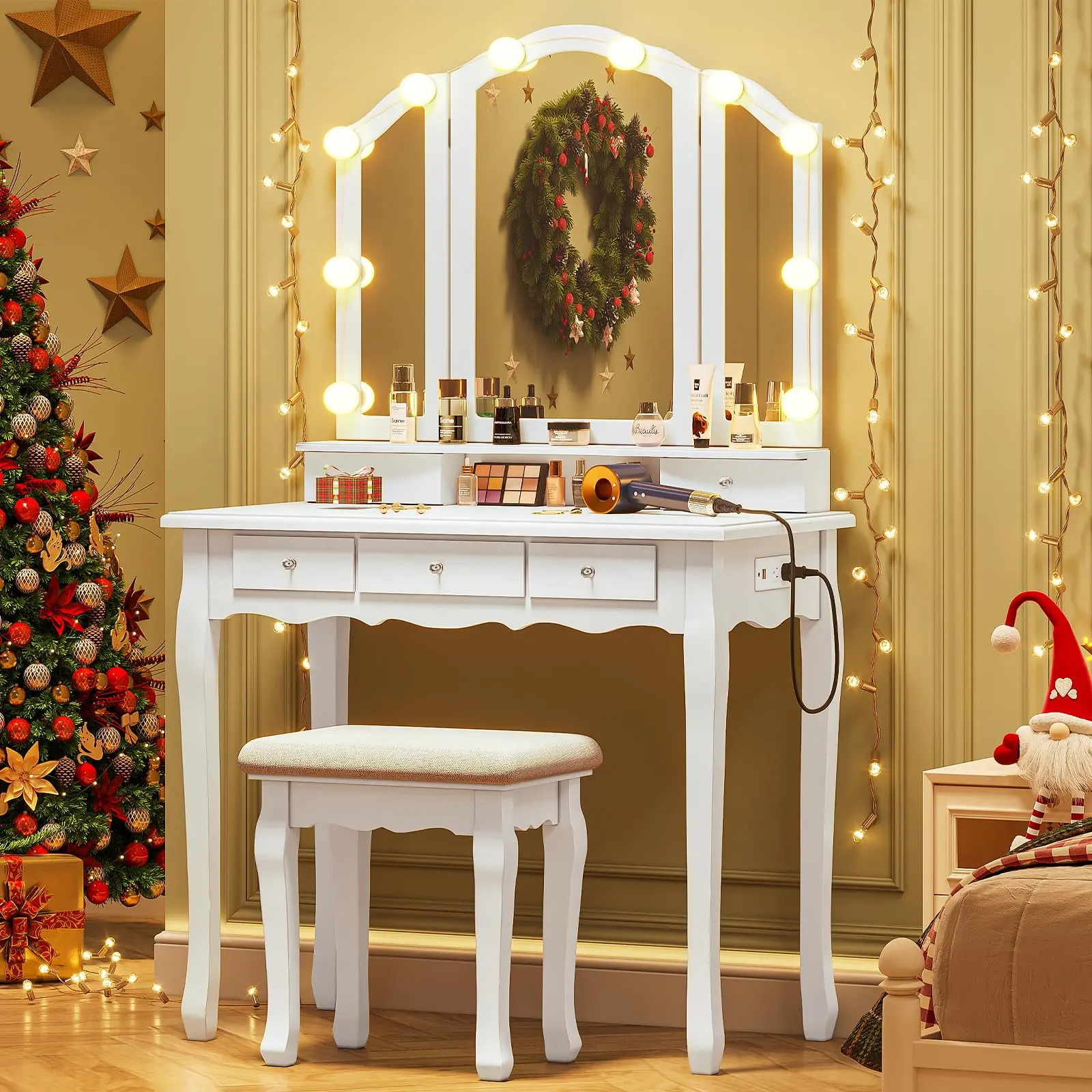 [SummerSale] Sikaic Sikaic White Vanity Table with Lights and Charging Station, Makeup Vanity Desk with Tri-Fold Mirror, Adjustable LED Lighting, Necklace Hooks and Stool, Home Furniture, Dorm Essentials