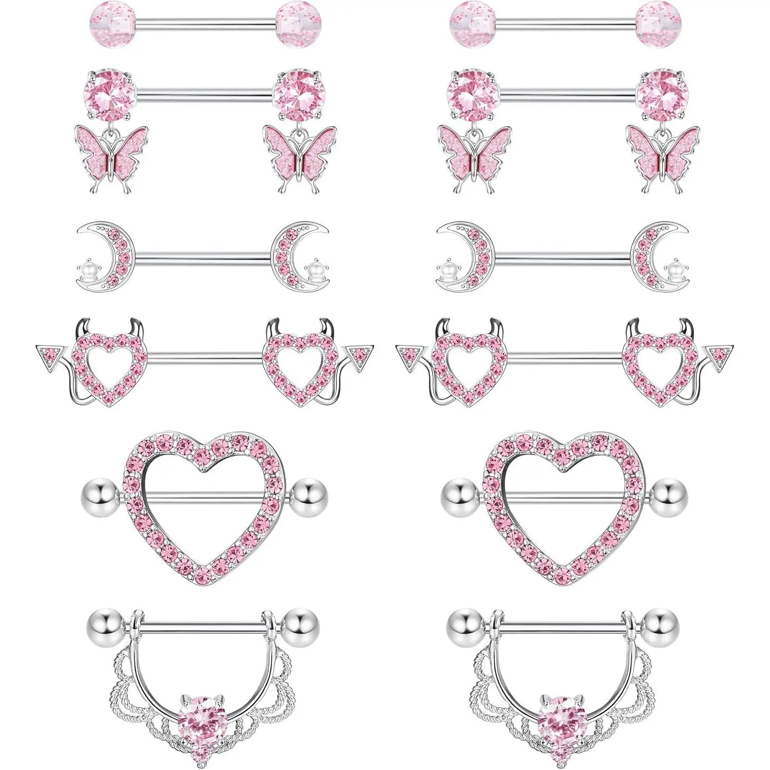YADOCA 6 Pairs Nipple Bars for Women 316L Surgical Steel Nipple Piercing Jewellery Barbell Piercings Tongue Bars Rings Heart Body Piercing Jewellery