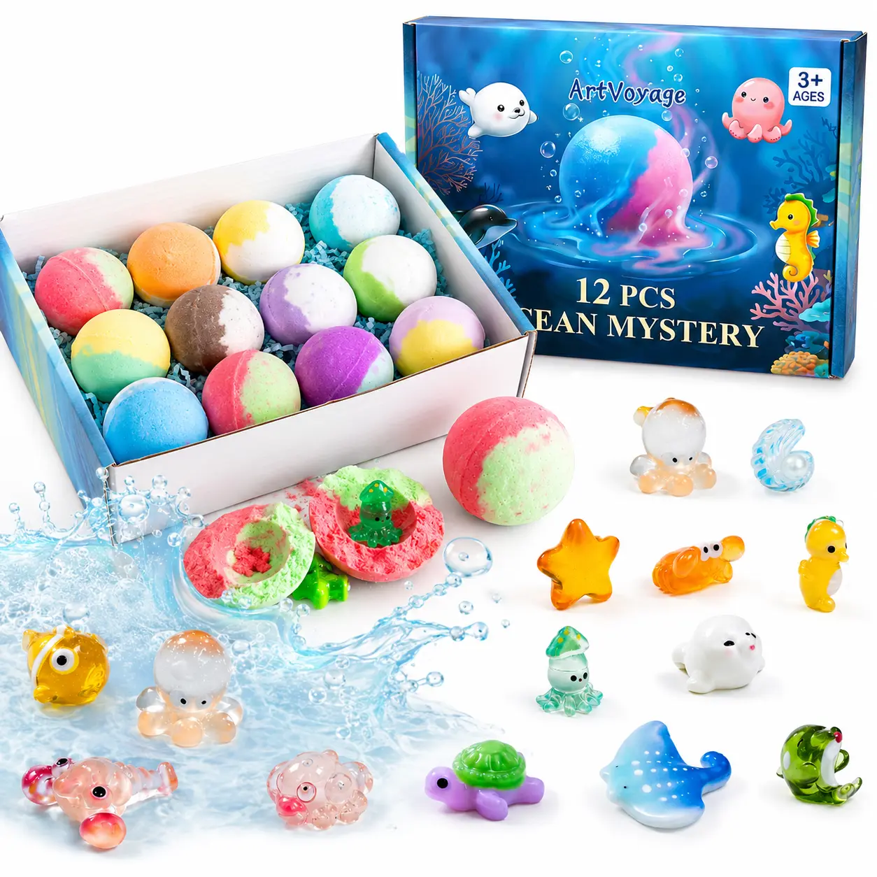 12 Pack Fun Bath Bombs  with Surprise Ocean Toys Inside –  2 Color Fizzy Bath Salt Balls Gift Set,Perfect for kids,gifts,and bath time rewards