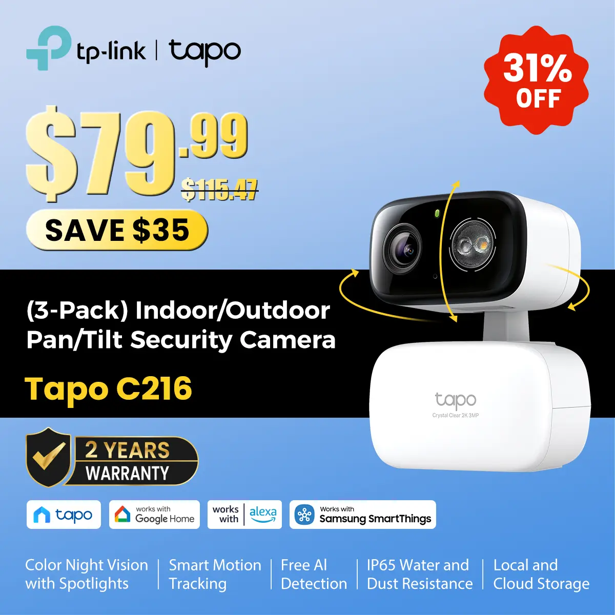 TP-Link & Tapo C216(3-pack) 2K Pan/Tilt Indoor/Outdoor Security Camera  with AI Detection, Baby Cry Detect, Motion Tracking, Color Night Vision, 360° Pan/Tilt, No Subscription, Alexa & Google Compatible  #SummerWins #DealsForYouDays
