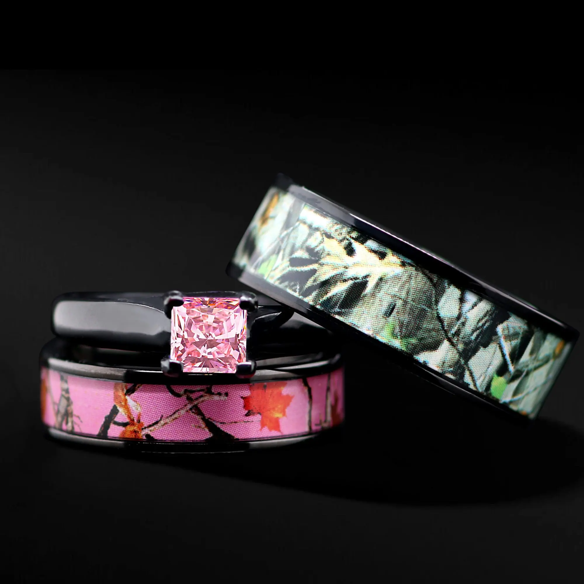 Camo Love Trio — Couples Camo Engagement Ring Set (3pc)