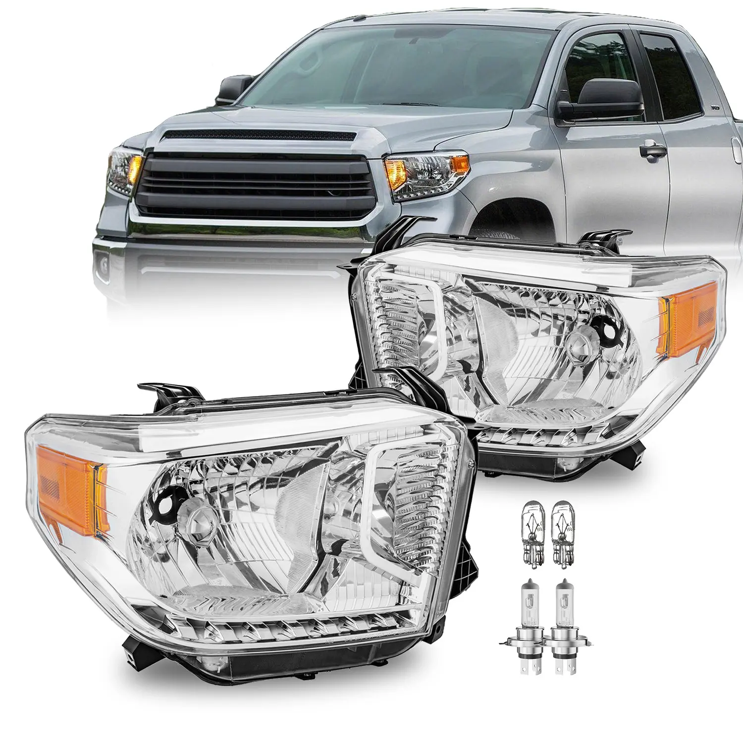 Headlight Assembly with Bulbs for 2014-2021 Toyota Tundra Pickup (SR/SR5 Halogen Models) OE Replacement Headlamps Driver and Passenger Side