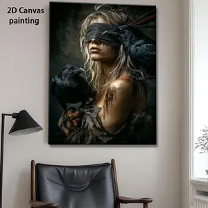 2D Flat, 2D Flat, 2D Flat High-Quality 2D Flat Art Prints Framed in Wood, Ideal for Home Decoration.A Blindfolded Blonde Woman Adorned with Raven Feathers in Her Hair Is Featured.Perfect for Beautifying Living Rooms, Bedrooms, And Hallways	