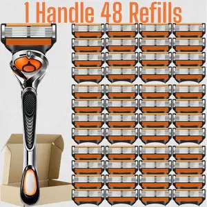 Men's Shaving Razor Set, 1 Handle & 12-48 Replacement Heads, 6-Layer Blade, Stainless Blades, Nano-Cut Technology, Stainless Steel, Waterproof Packaging