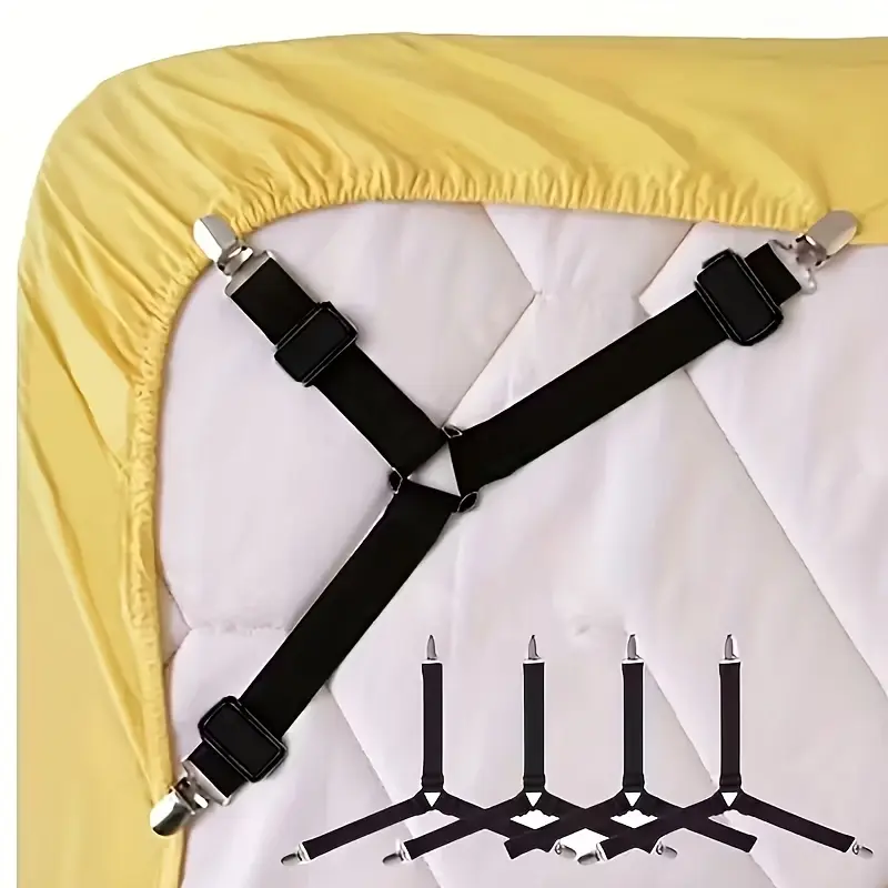 Adjustable Bed Strap Set of 4, Non-Slip Elastic Sheet Straps, Transparent Clips, Easy Clean Nylon Buckles, Secure Mattress Strap, Durable Bedding Accessories