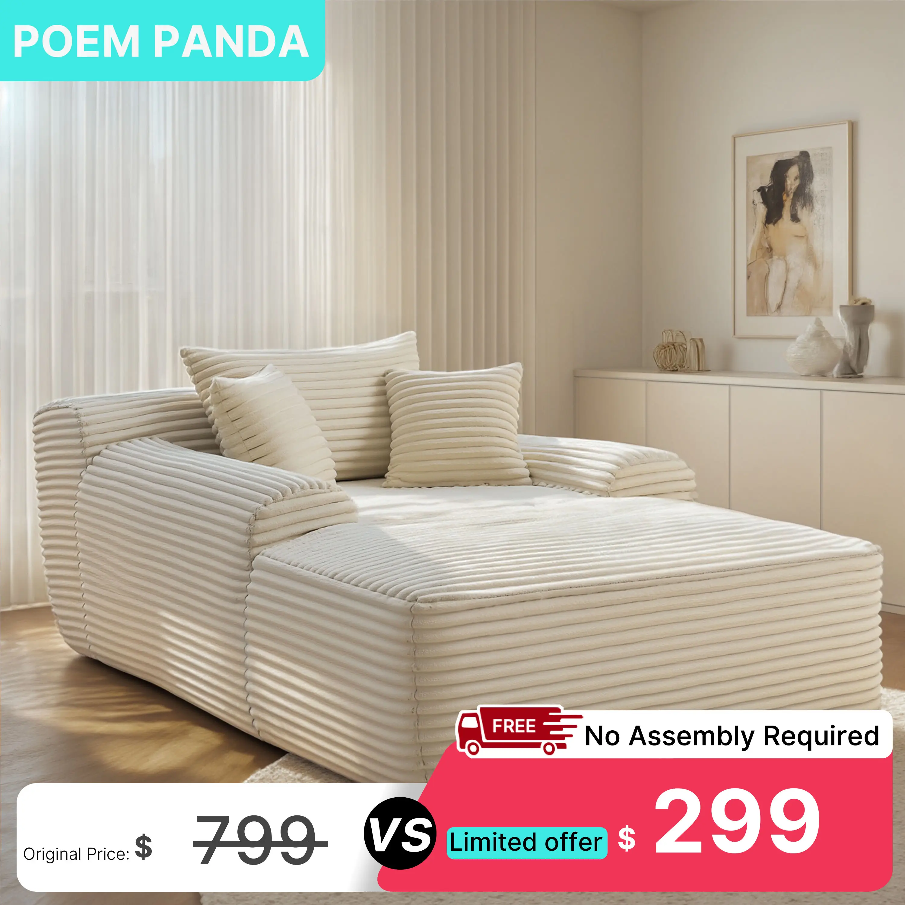 PoemPanda 67 Inch Oversized Lounge Chair, Boneless Chaise Lounge Living Room,Corduroy sofa,No Assembly pression sofa,Fluffy cloud sofa bed, Cloud couc