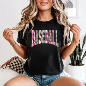 Retro Baseball Game Day Baseball Stripes Leopard Pink Tshirt