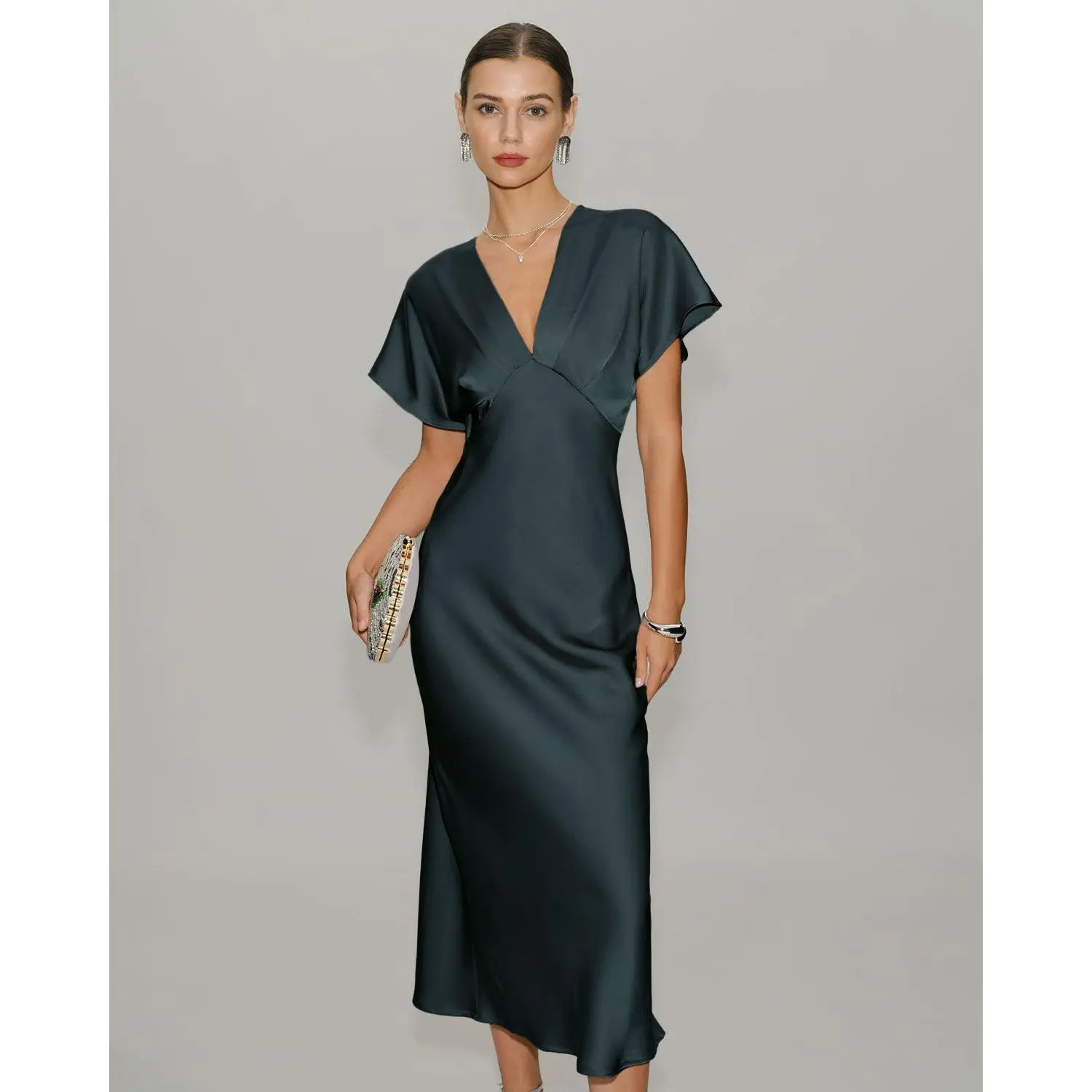 RIHOAS Women's Chic Elegant Solid Satin A-Line Dress, V-Neck Midi Gown with Cowl Short Sleeves for Prom and Graduation, Lady, Fabric, Chic Elegant Fitted, Ready To Wear, A-Line Cut, Polyester, Closed Back, Natural Waist, Cowl Sleeve