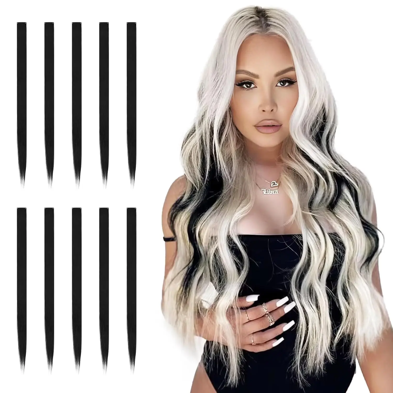 Sofeiyan 10 Pcs 22 Inch Clip in Hair Extensions, Straight Synthetic Mixed Color Highlights for Women & Kids, Lightweight for Funky Peekaboo & Ombre Styles, Mixed Color Hairpiece, Peekaboo Hair, Ombre Hair