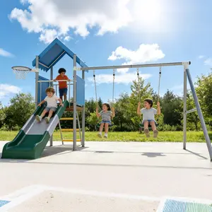 Kids Outdoor Playset with Dual Swings, Slide & Basketball Hoop, Heavy Duty Metal Backyard Playground Set, Galvanized Steel Frame Swing Set for Kids, Outdoor Play Equipment for Yard & Garden,summervibes