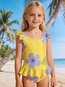 Summer Collection Girls' One-Piece Swimsuit Sun Protection Quick-Dry Swimsuit Yellow Background With Purple Flower Prints & Ruffles Beach Vacation Hot Spring Swimsuit Quick-drying, Lightweight, Breathable