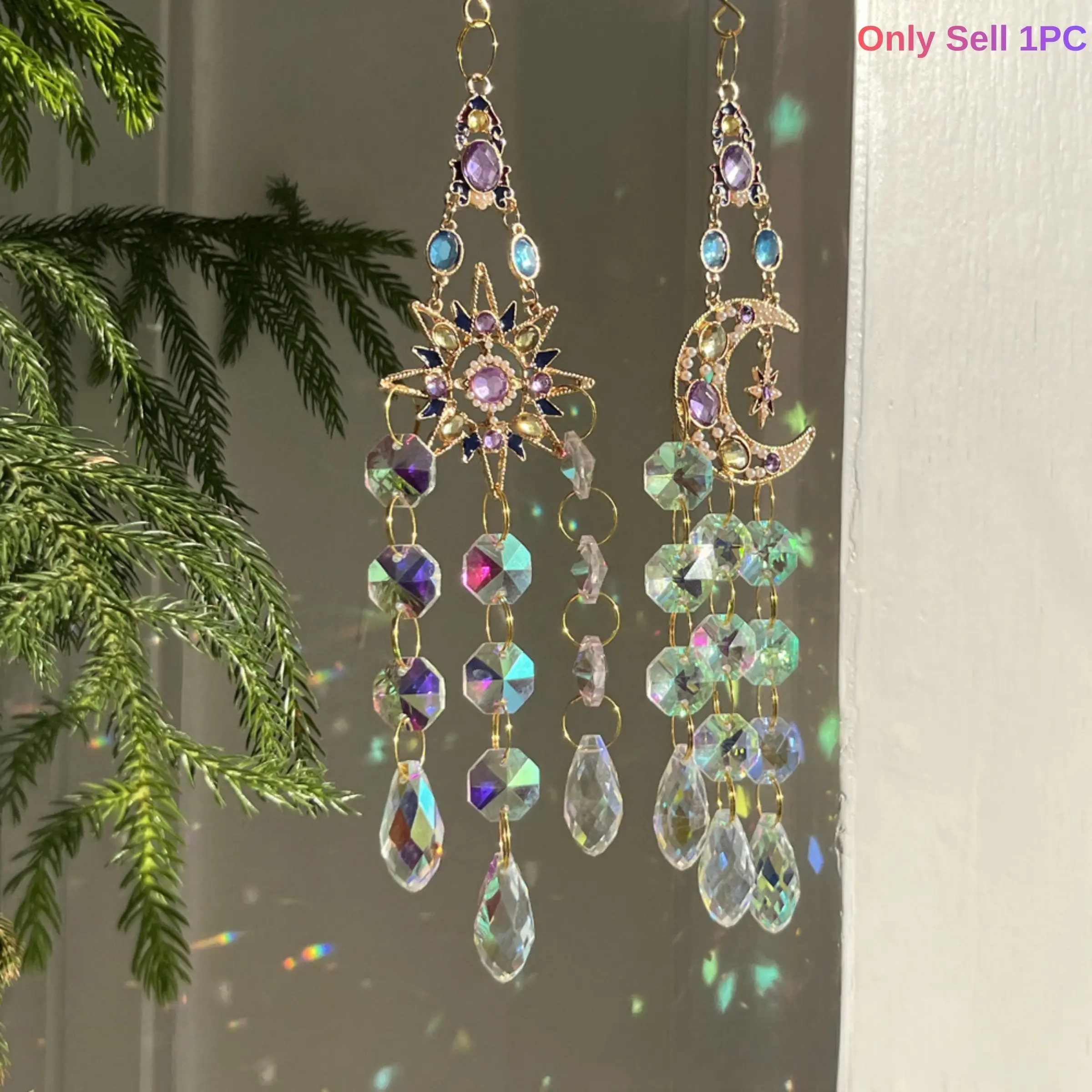 Diamond Style Crystal Sun Catcher, Available in Sun and Moon Design, Hang Indoor or Outdoor, Romantic Artistic Decorative Wind Chime  Suitable for Window, Hallway, Home and Garden, Outdoor Wind Chimes