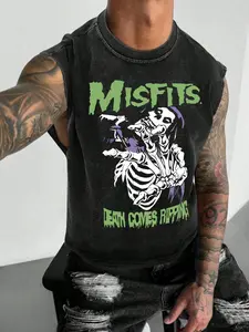 Misfits "Death Comes Ripping" Acid Wash Skeleton Graphic Sleeveless Tank Top | Punk Rock Streetwear Casual Muscle Shirt Washed Tank Top