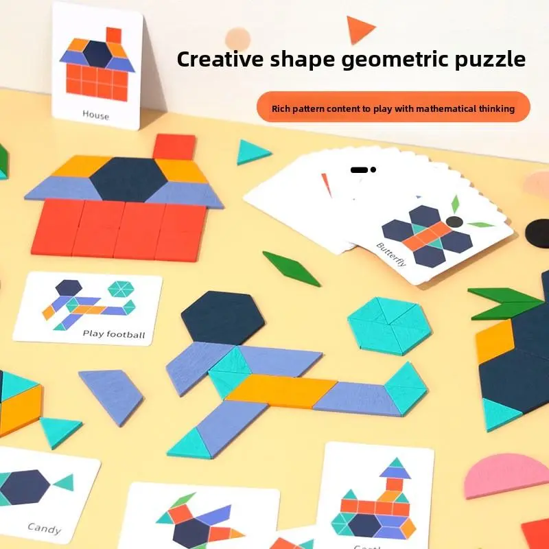 155-Piece Luminous Wooden Geometric Tangram Flat Puzzle - 0.29kg, 24.5*21.2*4cm No-Battery-Needed Early Education Toy for 4-6 Years Olds, Shape Matching Mathematical Thinking Tool with Geometric Tiles