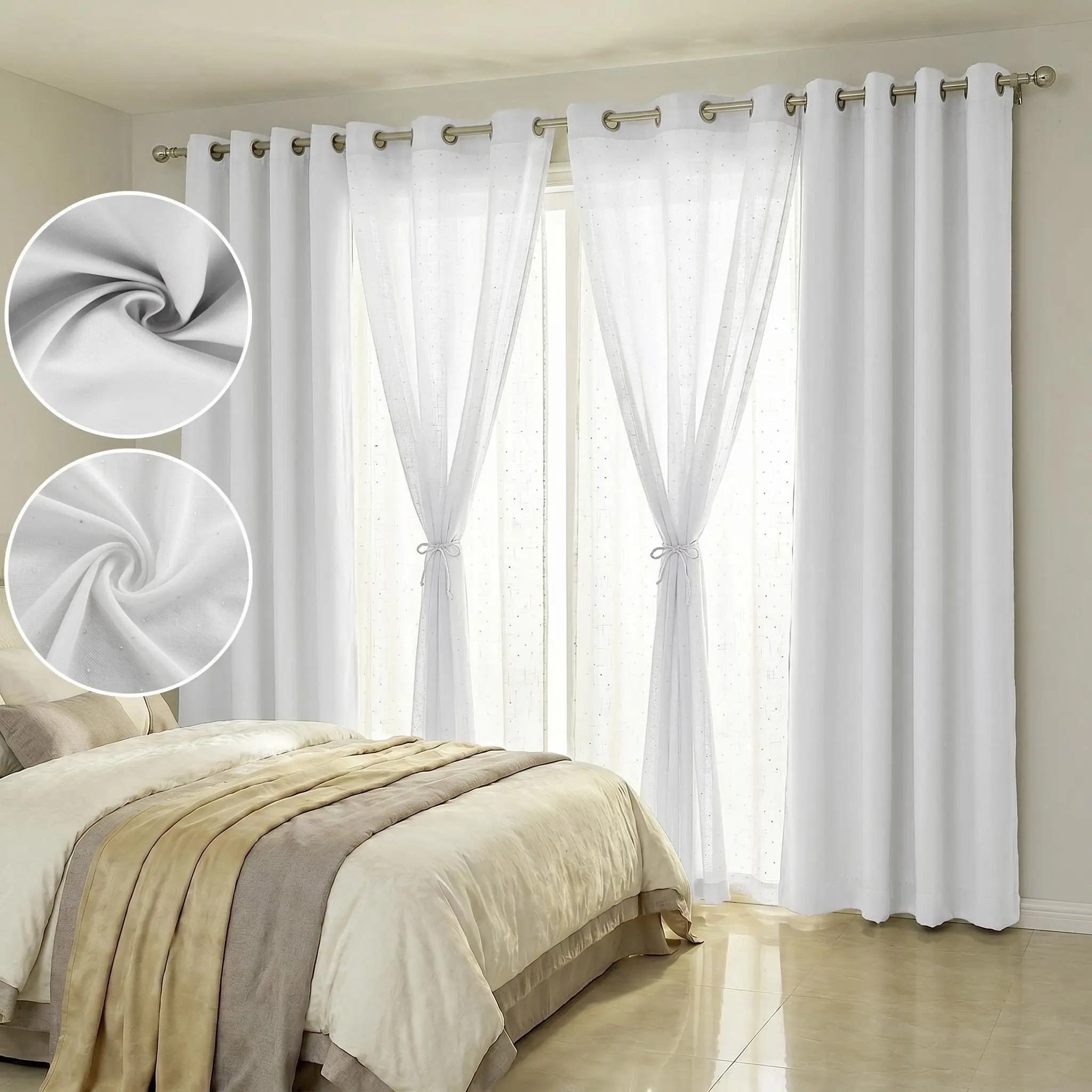 6 Panels Combination Grommets Curtains Including : 2 PANELS 54"x 84" Solid Full Blackout Curtains & 4 PANELS 34"x 84" Diamond Faux Linen Curtains QF222 FT2930 living room bathroom holiday decoration cortinas inganchos bedroom uv protection