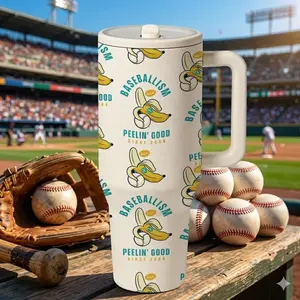 1 Pc 40oz insulated mug, Baseball banana themed vacuum cup, Thermo cup, double wall, leak-proof, skinny tumbler, hot cold drinks, gift for women men, fan collectible, office, travel, gym, keeps drinks hot 12 hours, cold 24 hours, birthday, holiday