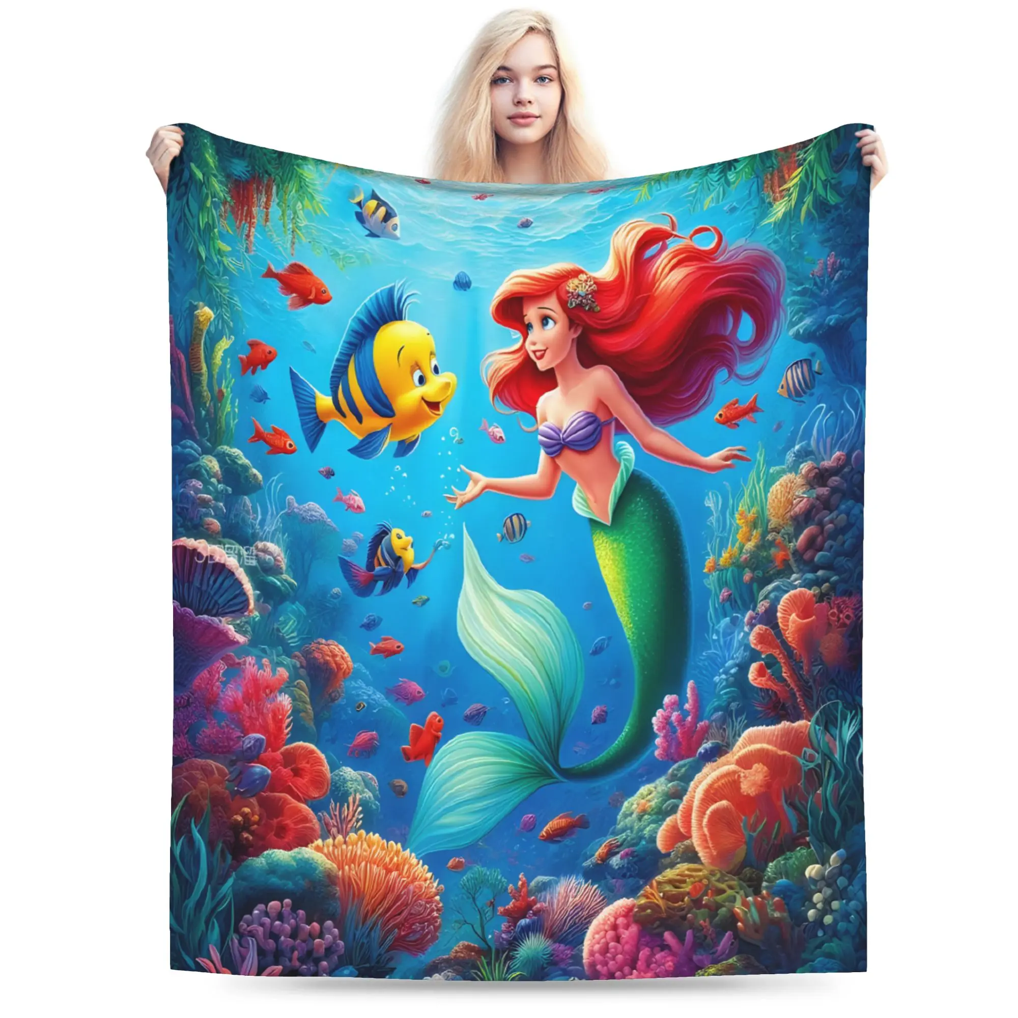 [SummerVibes] DISNEY CLASSIC The Little Mermaid Fleece Blanket, Soft Cozy Flannel Throw Blanket with Coral Reef Fish Print, Lightweight Warm Blanket for Girls Boys Bedroom Couch Sofa