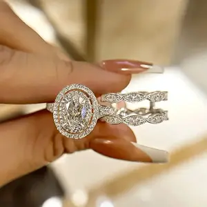 2pcs/set  Color Oval Cut White Stone Ring Set Wedding Band Valentine's Day Jewelry