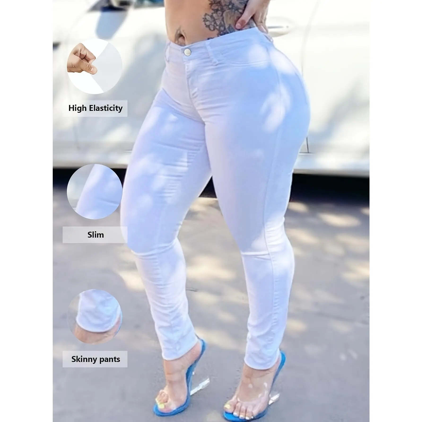 Women's Plus Size White Plain Skinny Jeans, High-Stretch Denim, Ankle-Length, Basic Style, Casual Fashion Pants