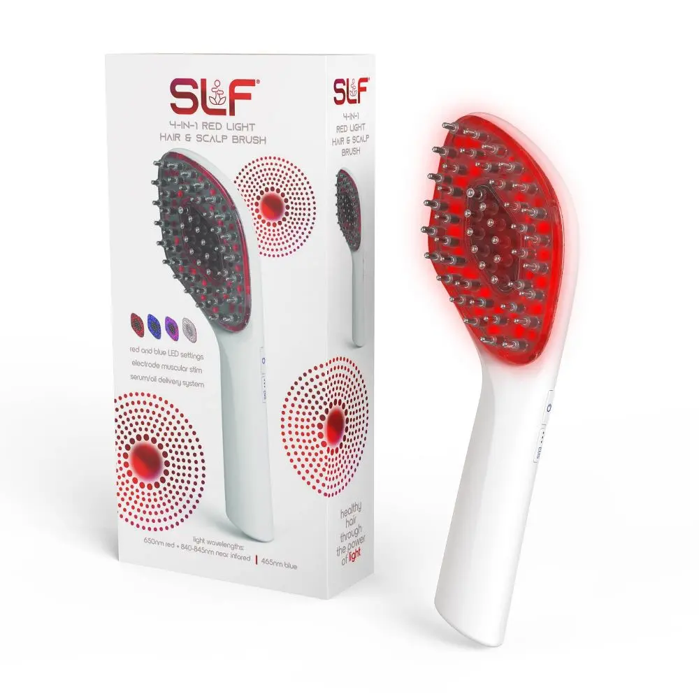 SLF Rechargeable Paddle Brush with Red & Blue LED Light Therapy, EMS Scalp Stimulation & Serum Dispenser, Lightweight Silicone Hairbrush for Travel