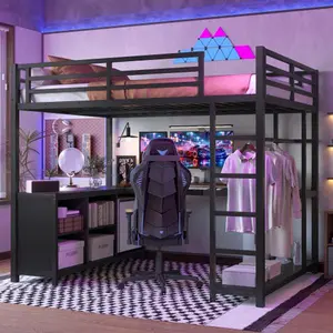 [Bellemave]Full/Queen Metal Loft Bed with Wardrobe and L-shaped Desk, Full /Queen Size Loft Bed with Storage Cubes and Shelves, Loft Bed for Kids Teens Adults, Black